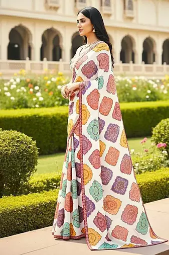 Appealing multicolor+white georgette bandhej print with lace border saree with mono banglory silk blouse