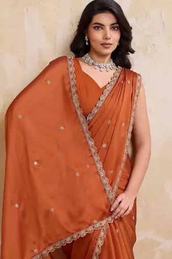 Engaging rust orange rangoli silk embroidery cutwork work lace border saree with rangoli silk blouse