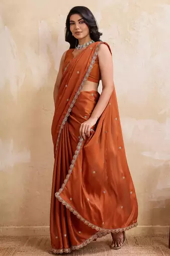 Engaging rust orange rangoli silk embroidery cutwork work lace border saree with rangoli silk blouse