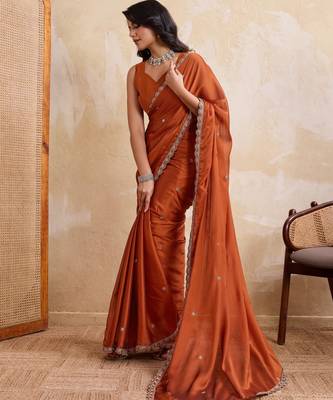 Engaging rust orange rangoli silk embroidery cutwork work lace border saree with rangoli silk blouse 4