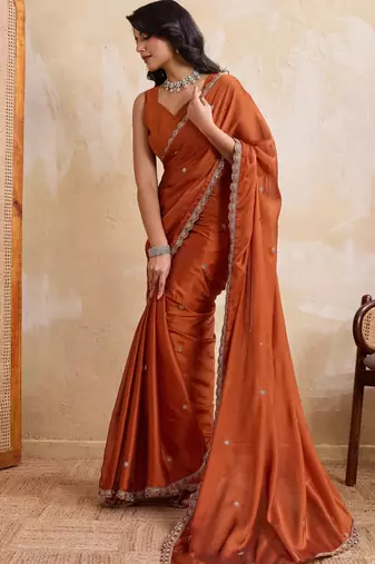 Engaging rust orange rangoli silk embroidery cutwork work lace border saree with rangoli silk blouse