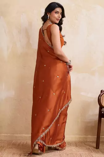 Engaging rust orange rangoli silk embroidery cutwork work lace border saree with rangoli silk blouse