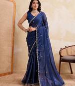 Dazzling navy blue rangoli silk embroidery cutwork work lace border saree with rangoli silk blouse