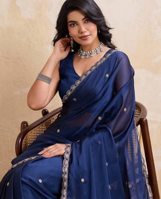 Dazzling navy blue rangoli silk embroidery cutwork work lace border saree with rangoli silk blouse 2