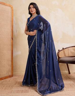 Dazzling navy blue rangoli silk embroidery cutwork work lace border saree with rangoli silk blouse 3