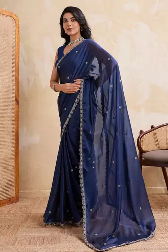 Dazzling navy blue rangoli silk embroidery cutwork work lace border saree with rangoli silk blouse