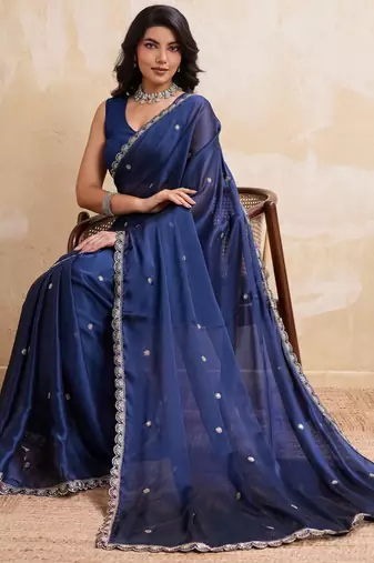Dazzling navy blue rangoli silk embroidery cutwork work lace border saree with rangoli silk blouse