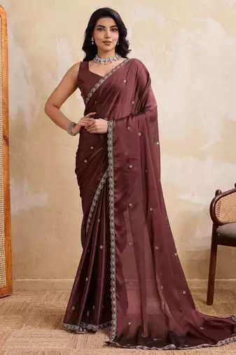 Alluring brown rangoli silk embroidery cutwork work lace border saree with rangoli silk blouse