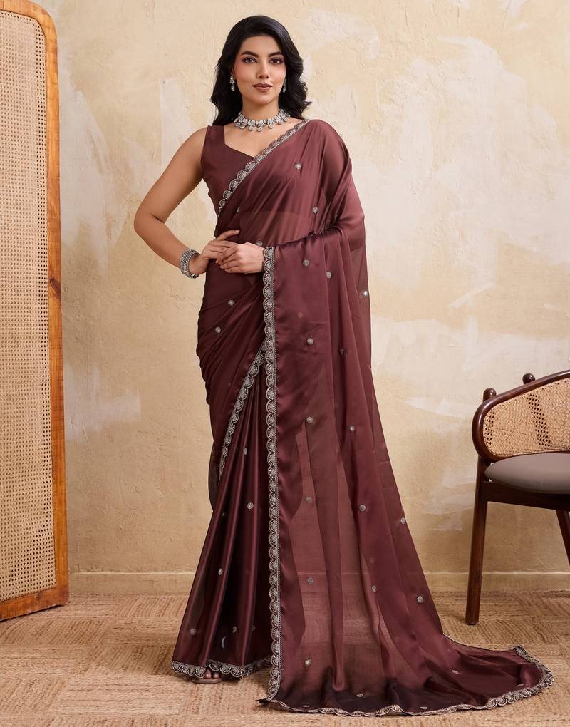 Alluring brown rangoli silk embroidery cutwork work lace border saree with rangoli silk blouse