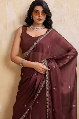 Alluring brown rangoli silk embroidery cutwork work lace border saree with rangoli silk blouse