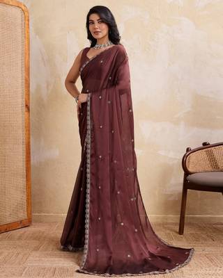 Alluring brown rangoli silk embroidery cutwork work lace border saree with rangoli silk blouse 3