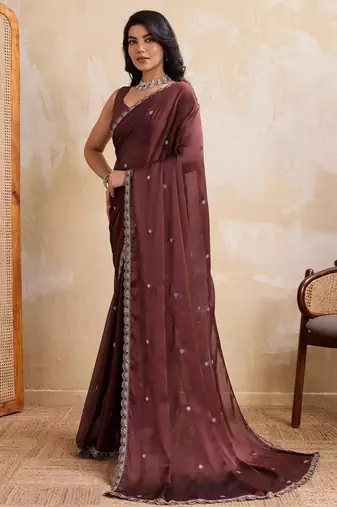 Alluring brown rangoli silk embroidery cutwork work lace border saree with rangoli silk blouse