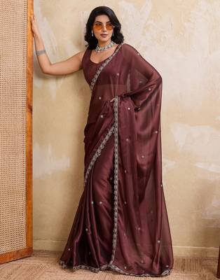 Alluring brown rangoli silk embroidery cutwork work lace border saree with rangoli silk blouse 4