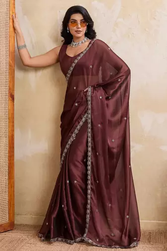 Alluring brown rangoli silk embroidery cutwork work lace border saree with rangoli silk blouse