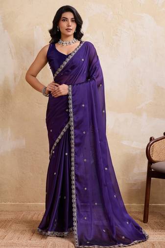 Seductive purple rangoli silk embroidery cutwork work lace border saree with rangoli silk blouse