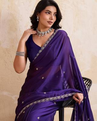 Seductive purple rangoli silk embroidery cutwork work lace border saree with rangoli silk blouse 2