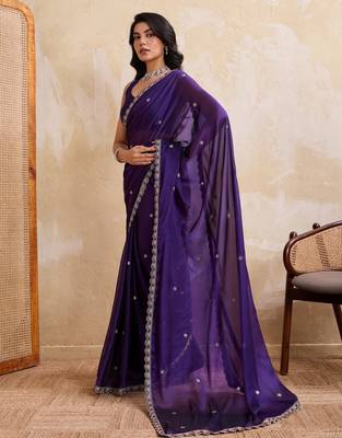 Seductive purple rangoli silk embroidery cutwork work lace border saree with rangoli silk blouse 3
