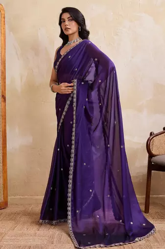 Seductive purple rangoli silk embroidery cutwork work lace border saree with rangoli silk blouse