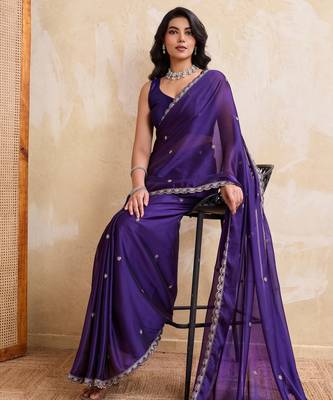 Seductive purple rangoli silk embroidery cutwork work lace border saree with rangoli silk blouse 4
