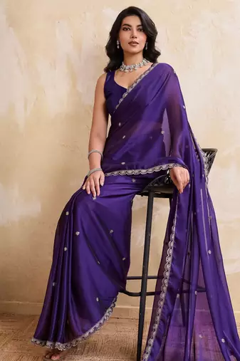 Seductive purple rangoli silk embroidery cutwork work lace border saree with rangoli silk blouse