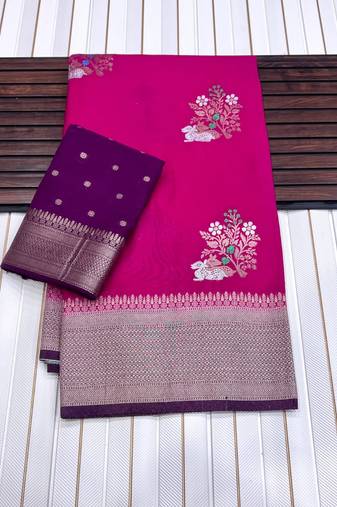 Rani Pink Color jari Meena Jaqurad Weveing work Khadi Silk Blend Georgette Saree