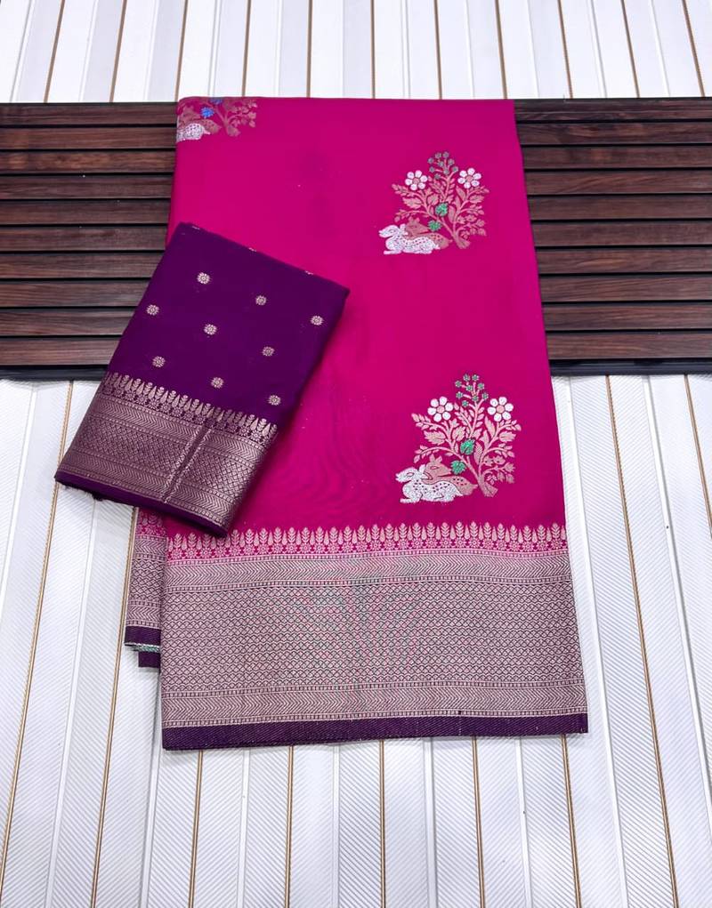 Rani Pink Color jari Meena Jaqurad Weveing work Khadi Silk Blend Georgette Saree
