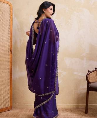Seductive purple rangoli silk embroidery cutwork work lace border saree with rangoli silk blouse 5