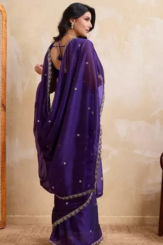 Seductive purple rangoli silk embroidery cutwork work lace border saree with rangoli silk blouse