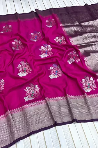 Rani Pink Color jari Meena Jaqurad Weveing work Khadi Silk Blend Georgette Saree