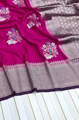 Rani Pink Color jari Meena Jaqurad Weveing work Khadi Silk Blend Georgette Saree