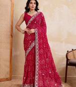 Irresistible pink georgette bandhej print with cutwork lace border saree with mono banglory silk blouse
