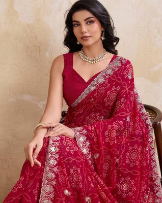 Irresistible pink georgette bandhej print with cutwork lace border saree with mono banglory silk blouse 2
