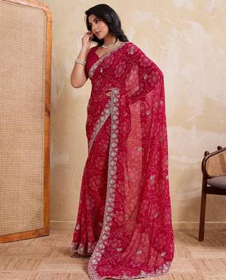 Irresistible pink georgette bandhej print with cutwork lace border saree with mono banglory silk blouse 3