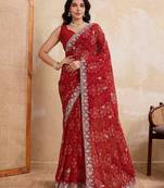 Entrancing red georgette bandhej print with cutwork lace border saree with mono banglory silk blouse