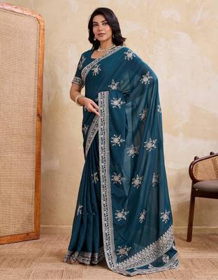 Enthralling teal blue star georgette embroidery chain-stitch work saree with star georgette blouse 1