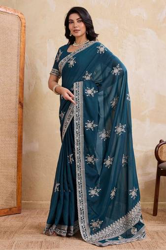 Enthralling teal blue star georgette embroidery chain-stitch work saree with star georgette blouse
