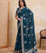 Enthralling teal blue star georgette embroidery chain-stitch work saree with star georgette blouse