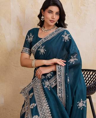 Enthralling teal blue star georgette embroidery chain-stitch work saree with star georgette blouse 2