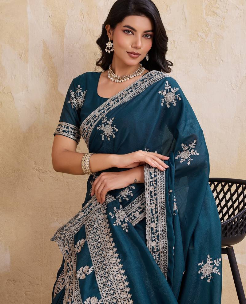 Enthralling teal blue star georgette embroidery chain-stitch work saree with star georgette blouse