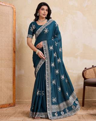 Enthralling teal blue star georgette embroidery chain-stitch work saree with star georgette blouse 3