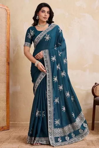 Enthralling teal blue star georgette embroidery chain-stitch work saree with star georgette blouse