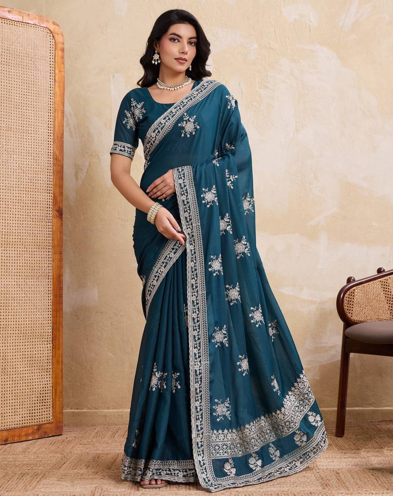 Enthralling teal blue star georgette embroidery chain-stitch work saree with star georgette blouse