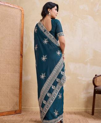 Enthralling teal blue star georgette embroidery chain-stitch work saree with star georgette blouse 4