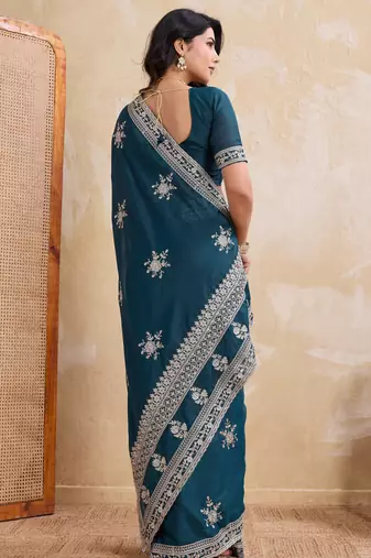 Enthralling teal blue star georgette embroidery chain-stitch work saree with star georgette blouse