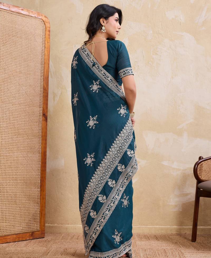Enthralling teal blue star georgette embroidery chain-stitch work saree with star georgette blouse