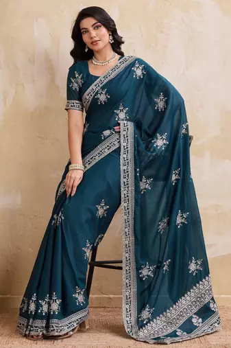 Enthralling teal blue star georgette embroidery chain-stitch work saree with star georgette blouse