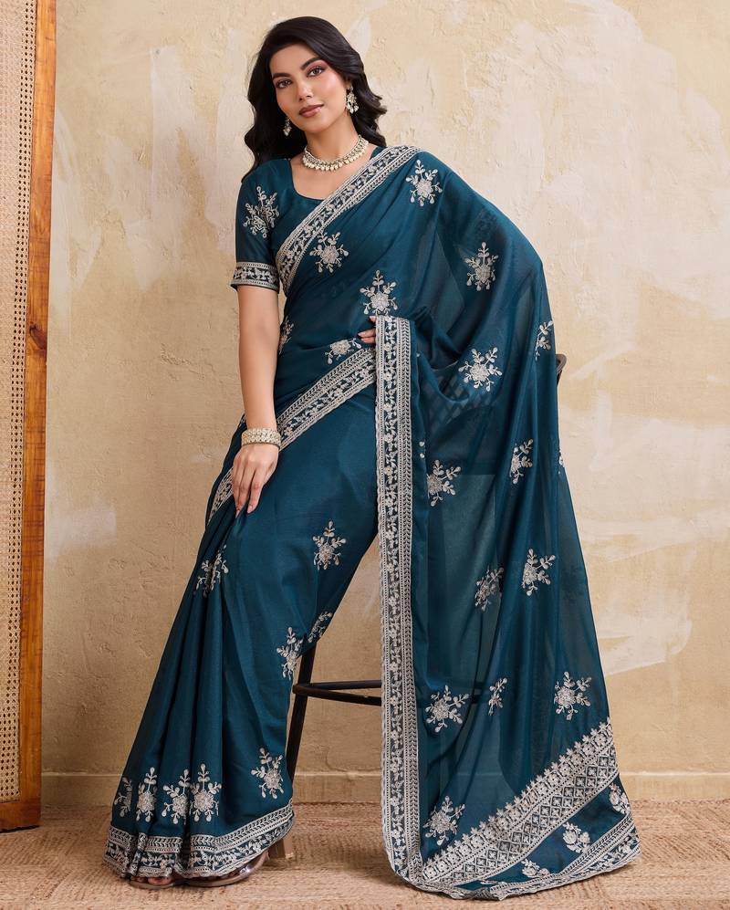 Enthralling teal blue star georgette embroidery chain-stitch work saree with star georgette blouse