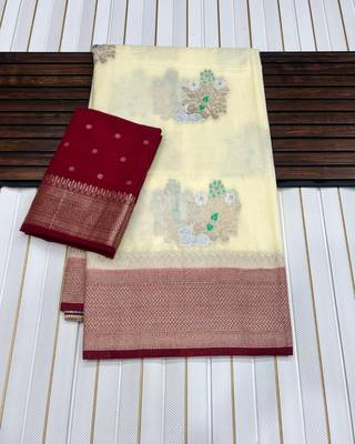 Off White Color jari Meena Jaqurad Weveing work Khadi Silk Blend Georgette Saree 1