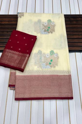 Off White Color jari Meena Jaqurad Weveing work Khadi Silk Blend Georgette Saree