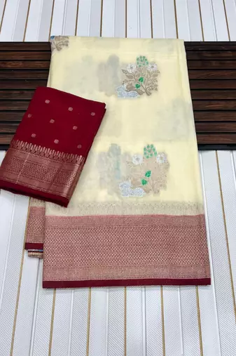 Off White Color jari Meena Jaqurad Weveing work Khadi Silk Blend Georgette Saree